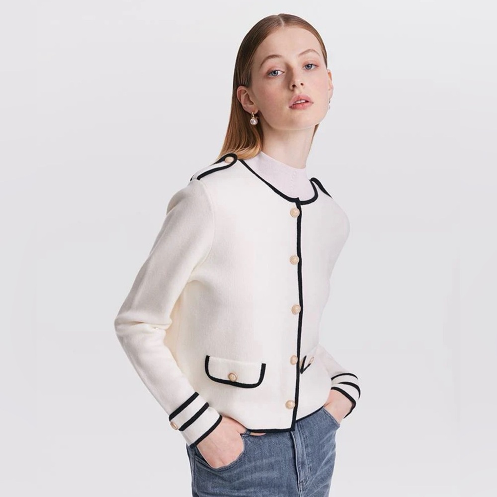 GOELIA 🐑 Wool Cream Women's Cardigan with Black Trim sz M/L